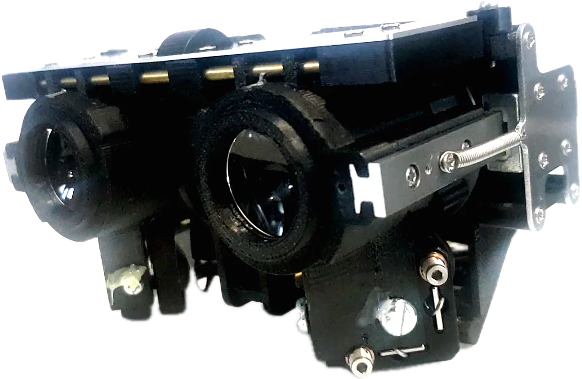 Interim twin-lens optical viewing prototype, front three-quarter view